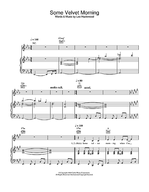 Preview Nancy Sinatra & Lee Hazlewood Some Velvet Morning Country sheet music, notes and chords for Piano, Vocal & Guitar, SKU: 33179 sheet music, piano notes, chords, guitar tabs, score, transpose, transcribe, how to play, guide, download, learn, tutorial, progression, song, artist, awards, billboard, mtv, vh1, tour, single, album, release