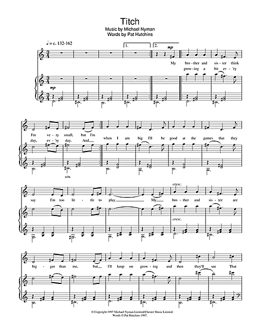 Preview Michael Nyman Titch Children sheet music, notes and chords for Piano & Vocal, SKU: 33180 sheet music, piano notes, chords, guitar tabs, score, transpose, transcribe, how to play, guide, download, learn, tutorial, progression, song, artist, awards, billboard, mtv, vh1, tour, single, album, release