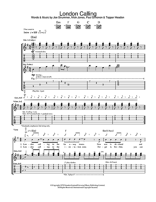 Preview The Clash London Calling Rock sheet music, notes and chords for Guitar Tab, SKU: 33181 sheet music, piano notes, chords, guitar tabs, score, transpose, transcribe, how to play, guide, download, learn, tutorial, progression, song, artist, awards, billboard, mtv, vh1, tour, single, album, release