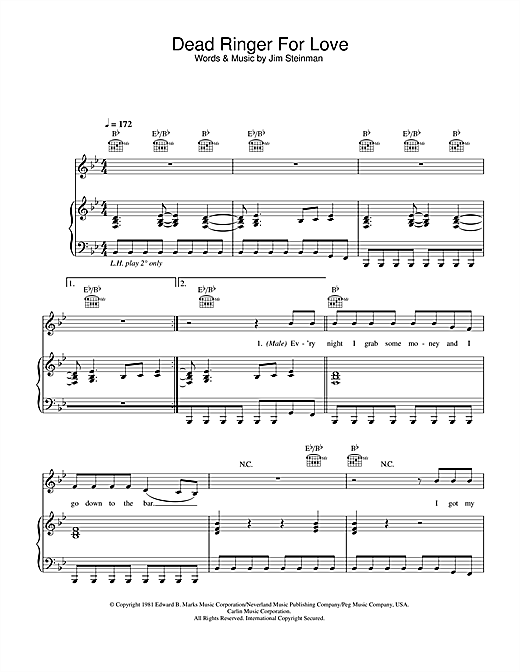 Preview Meat Loaf and Cher Dead Ringer For Love Rock sheet music, notes and chords for Piano, Vocal & Guitar, SKU: 33182 sheet music, piano notes, chords, guitar tabs, score, transpose, transcribe, how to play, guide, download, learn, tutorial, progression, song, artist, awards, billboard, mtv, vh1, tour, single, album, release