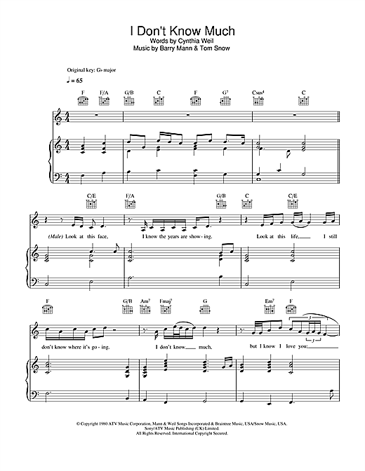 Preview Linda Ronstadt & Aaron Neville Don't Know Much Ballad sheet music, notes and chords for Piano, Vocal & Guitar, SKU: 33183 sheet music, piano notes, chords, guitar tabs, score, transpose, transcribe, how to play, guide, download, learn, tutorial, progression, song, artist, awards, billboard, mtv, vh1, tour, single, album, release