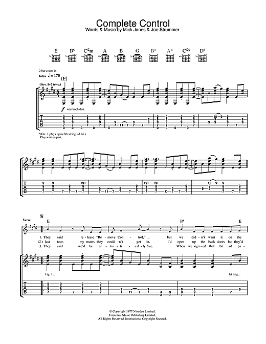 Preview The Clash Complete Control Pop sheet music, notes and chords for Guitar Tab, SKU: 33184 sheet music, piano notes, chords, guitar tabs, score, transpose, transcribe, how to play, guide, download, learn, tutorial, progression, song, artist, awards, billboard, mtv, vh1, tour, single, album, release