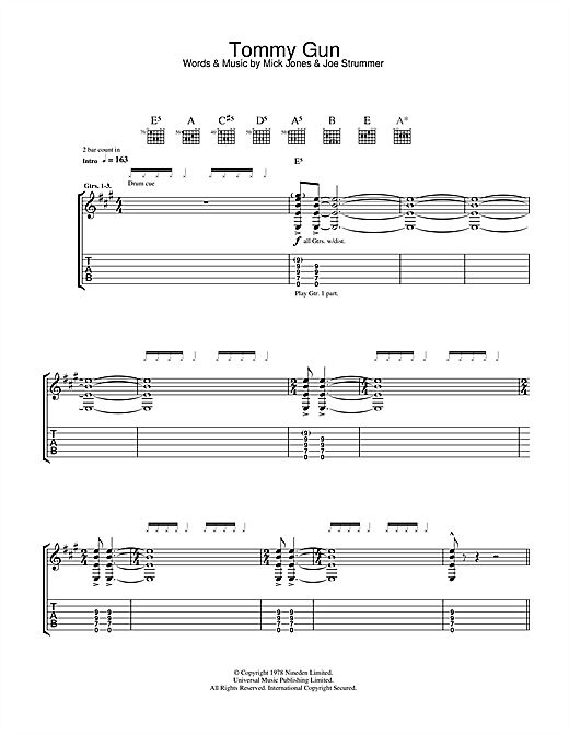 Preview The Clash Tommy Gun Rock sheet music, notes and chords for Guitar Tab, SKU: 33185 sheet music, piano notes, chords, guitar tabs, score, transpose, transcribe, how to play, guide, download, learn, tutorial, progression, song, artist, awards, billboard, mtv, vh1, tour, single, album, release