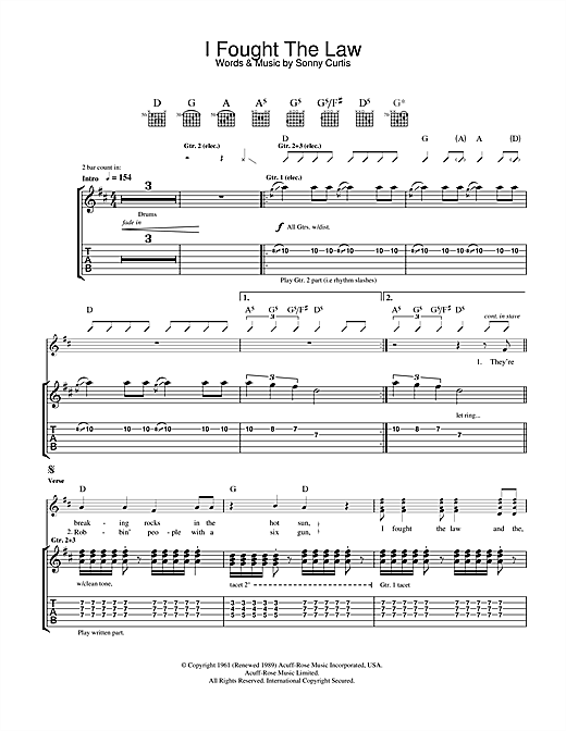 Preview The Clash I Fought The Law Pop sheet music, notes and chords for Guitar Tab, SKU: 33187 sheet music, piano notes, chords, guitar tabs, score, transpose, transcribe, how to play, guide, download, learn, tutorial, progression, song, artist, awards, billboard, mtv, vh1, tour, single, album, release