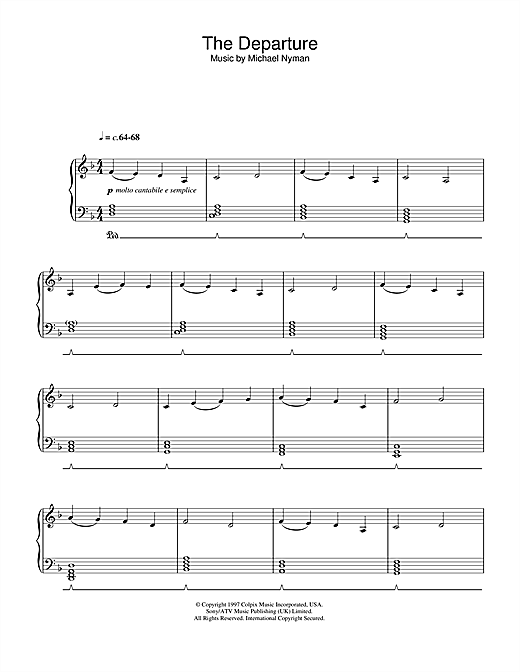 Preview Michael Nyman The Departure (from Gattaca) Film and TV sheet music, notes and chords for Piano, SKU: 33188 sheet music, piano notes, chords, guitar tabs, score, transpose, transcribe, how to play, guide, download, learn, tutorial, progression, song, artist, awards, billboard, mtv, vh1, tour, single, album, release