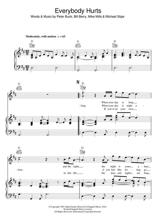Preview R.E.M. Everybody Hurts Rock sheet music, notes and chords for Piano, Vocal & Guitar (Right-Hand Melody), SKU: 33189 sheet music, piano notes, chords, guitar tabs, score, transpose, transcribe, how to play, guide, download, learn, tutorial, progression, song, artist, awards, billboard, mtv, vh1, tour, single, album, release