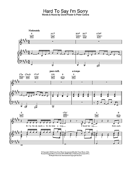 Preview Chicago Hard To Say I'm Sorry Rock sheet music, notes and chords for Piano, Vocal & Guitar (Right-Hand Melody), SKU: 33190 sheet music, piano notes, chords, guitar tabs, score, transpose, transcribe, how to play, guide, download, learn, tutorial, progression, song, artist, awards, billboard, mtv, vh1, tour, single, album, release