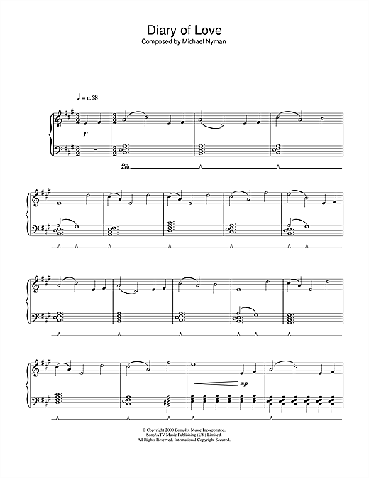 Preview Michael Nyman Diary Of Love (from The End Of The Affair) Film and TV sheet music, notes and chords for Piano, SKU: 33191 sheet music, piano notes, chords, guitar tabs, score, transpose, transcribe, how to play, guide, download, learn, tutorial, progression, song, artist, awards, billboard, mtv, vh1, tour, single, album, release