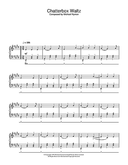 Preview Michael Nyman Chatterbox Waltz (from The Diary Of Anne Frank) Film and TV sheet music, notes and chords for Piano, SKU: 33194 sheet music, piano notes, chords, guitar tabs, score, transpose, transcribe, how to play, guide, download, learn, tutorial, progression, song, artist, awards, billboard, mtv, vh1, tour, single, album, release