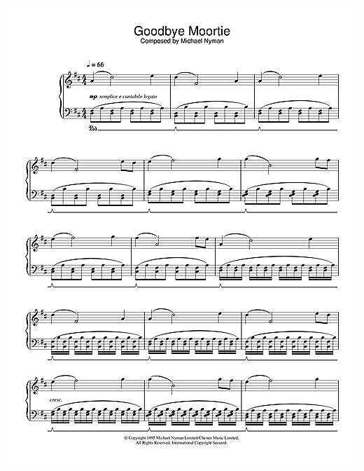 Preview Michael Nyman Goodbye Moortie (from The Diary Of Anne Frank) Film and TV sheet music, notes and chords for Piano, SKU: 33195 sheet music, piano notes, chords, guitar tabs, score, transpose, transcribe, how to play, guide, download, learn, tutorial, progression, song, artist, awards, billboard, mtv, vh1, tour, single, album, release
