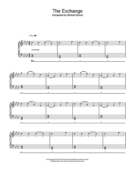 Preview Michael Nyman The Exchange (from The Claim) Film and TV sheet music, notes and chords for Piano, SKU: 33196 sheet music, piano notes, chords, guitar tabs, score, transpose, transcribe, how to play, guide, download, learn, tutorial, progression, song, artist, awards, billboard, mtv, vh1, tour, single, album, release