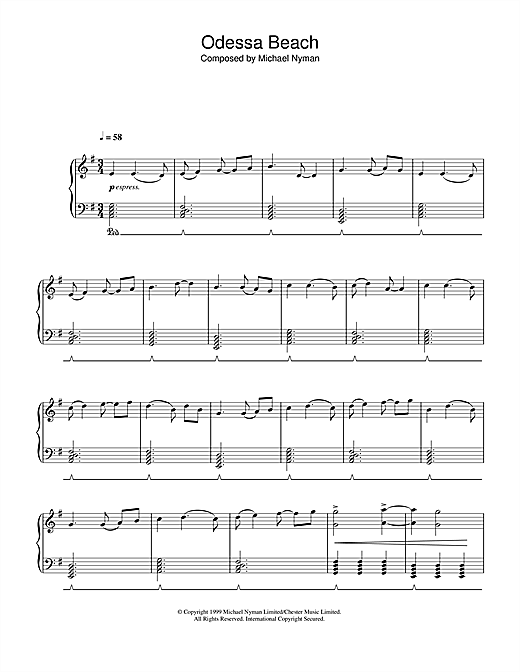 Preview Michael Nyman Odessa Beach (from Man With A Movie Camera) Film and TV sheet music, notes and chords for Piano, SKU: 33198 sheet music, piano notes, chords, guitar tabs, score, transpose, transcribe, how to play, guide, download, learn, tutorial, progression, song, artist, awards, billboard, mtv, vh1, tour, single, album, release