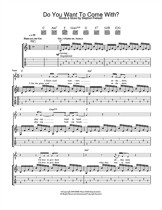 Preview Stephen Fretwell Do You Want To Come With? Pop sheet music, notes and chords for Guitar Tab, SKU: 33204 sheet music, piano notes, chords, guitar tabs, score, transpose, transcribe, how to play, guide, download, learn, tutorial, progression, song, artist, awards, billboard, mtv, vh1, tour, single, album, release