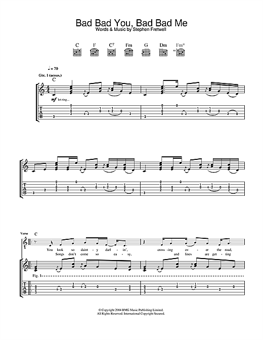 Preview Stephen Fretwell Bad Bad You, Bad Bad Me Pop sheet music, notes and chords for Guitar Tab, SKU: 33205 sheet music, piano notes, chords, guitar tabs, score, transpose, transcribe, how to play, guide, download, learn, tutorial, progression, song, artist, awards, billboard, mtv, vh1, tour, single, album, release