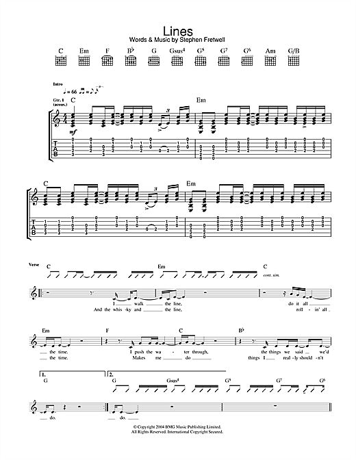 Preview Stephen Fretwell Lines Pop sheet music, notes and chords for Guitar Tab, SKU: 33206 sheet music, piano notes, chords, guitar tabs, score, transpose, transcribe, how to play, guide, download, learn, tutorial, progression, song, artist, awards, billboard, mtv, vh1, tour, single, album, release