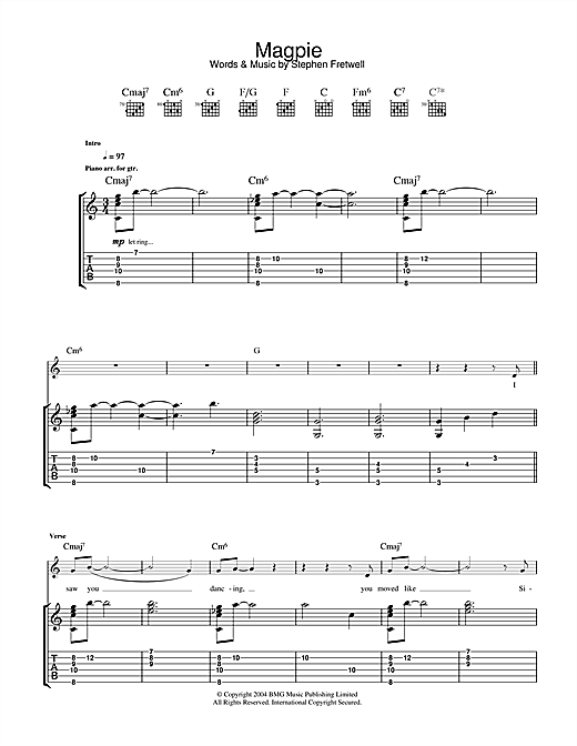 Preview Stephen Fretwell Magpie Pop sheet music, notes and chords for Guitar Tab, SKU: 33208 sheet music, piano notes, chords, guitar tabs, score, transpose, transcribe, how to play, guide, download, learn, tutorial, progression, song, artist, awards, billboard, mtv, vh1, tour, single, album, release