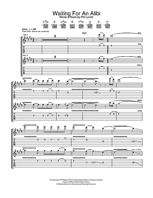 Preview Thin Lizzy Waiting For An Alibi Rock sheet music, notes and chords for Guitar Tab, SKU: 33212 sheet music, piano notes, chords, guitar tabs, score, transpose, transcribe, how to play, guide, download, learn, tutorial, progression, song, artist, awards, billboard, mtv, vh1, tour, single, album, release