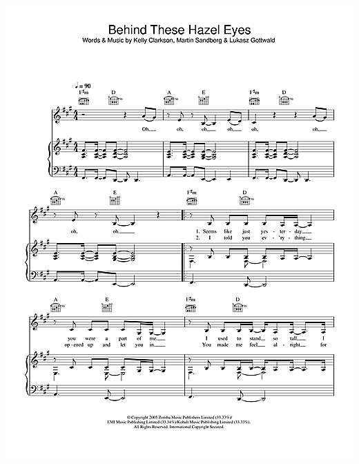 Preview Kelly Clarkson Behind These Hazel Eyes Pop sheet music, notes and chords for Piano, Vocal & Guitar (Right-Hand Melody), SKU: 33214 sheet music, piano notes, chords, guitar tabs, score, transpose, transcribe, how to play, guide, download, learn, tutorial, progression, song, artist, awards, billboard, mtv, vh1, tour, single, album, release