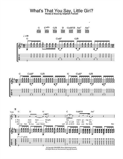 Preview Stephen Fretwell What's That You Say Little Girl? Pop sheet music, notes and chords for Guitar Tab, SKU: 33217 sheet music, piano notes, chords, guitar tabs, score, transpose, transcribe, how to play, guide, download, learn, tutorial, progression, song, artist, awards, billboard, mtv, vh1, tour, single, album, release