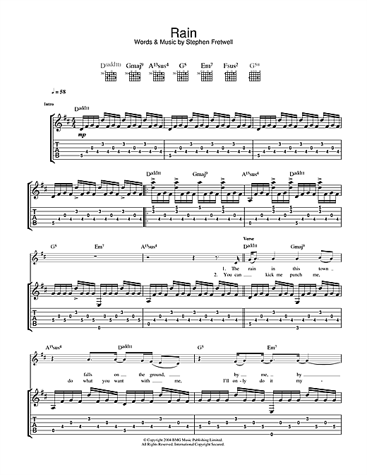Preview Stephen Fretwell Rain Pop sheet music, notes and chords for Guitar Tab, SKU: 33222 sheet music, piano notes, chords, guitar tabs, score, transpose, transcribe, how to play, guide, download, learn, tutorial, progression, song, artist, awards, billboard, mtv, vh1, tour, single, album, release