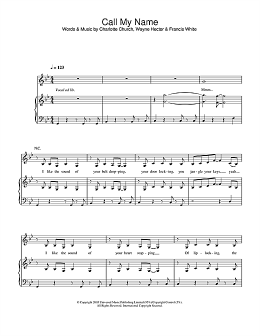 Preview Charlotte Church Call My Name Pop sheet music, notes and chords for Piano, Vocal & Guitar (Right-Hand Melody), SKU: 33223 sheet music, piano notes, chords, guitar tabs, score, transpose, transcribe, how to play, guide, download, learn, tutorial, progression, song, artist, awards, billboard, mtv, vh1, tour, single, album, release