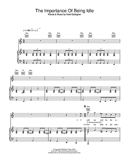 Preview Oasis The Importance Of Being Idle Rock sheet music, notes and chords for Piano, Vocal & Guitar (Right-Hand Melody), SKU: 33224 sheet music, piano notes, chords, guitar tabs, score, transpose, transcribe, how to play, guide, download, learn, tutorial, progression, song, artist, awards, billboard, mtv, vh1, tour, single, album, release
