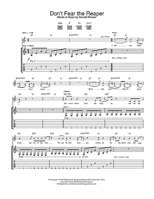 Preview Blue Oyster Cult (Don't Fear) The Reaper Rock sheet music, notes and chords for Guitar Tab, SKU: 33226 sheet music, piano notes, chords, guitar tabs, score, transpose, transcribe, how to play, guide, download, learn, tutorial, progression, song, artist, awards, billboard, mtv, vh1, tour, single, album, release