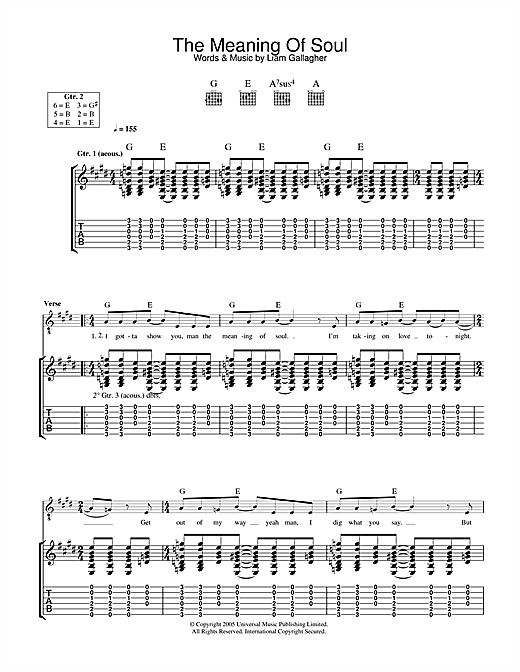 Preview Oasis The Meaning Of Soul Rock sheet music, notes and chords for Guitar Tab, SKU: 33228 sheet music, piano notes, chords, guitar tabs, score, transpose, transcribe, how to play, guide, download, learn, tutorial, progression, song, artist, awards, billboard, mtv, vh1, tour, single, album, release