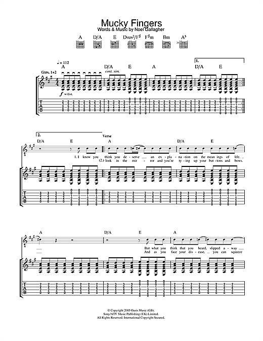 Preview Oasis Mucky Fingers Rock sheet music, notes and chords for Guitar Tab, SKU: 33232 sheet music, piano notes, chords, guitar tabs, score, transpose, transcribe, how to play, guide, download, learn, tutorial, progression, song, artist, awards, billboard, mtv, vh1, tour, single, album, release