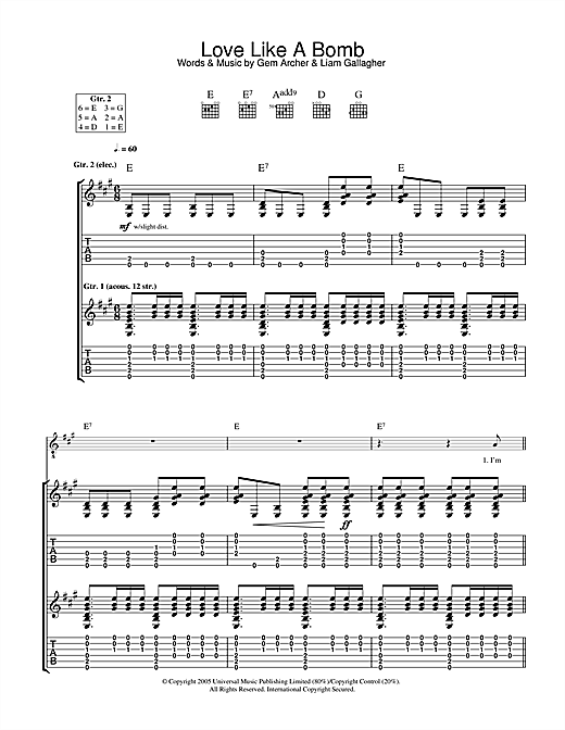 Preview Oasis Love Like A Bomb Rock sheet music, notes and chords for Guitar Tab, SKU: 33233 sheet music, piano notes, chords, guitar tabs, score, transpose, transcribe, how to play, guide, download, learn, tutorial, progression, song, artist, awards, billboard, mtv, vh1, tour, single, album, release