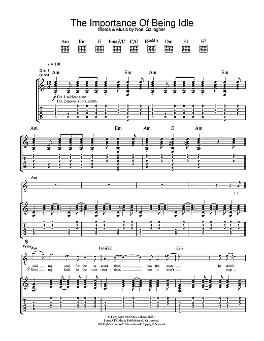 Preview Oasis The Importance Of Being Idle Rock sheet music, notes and chords for Guitar Tab, SKU: 33234 sheet music, piano notes, chords, guitar tabs, score, transpose, transcribe, how to play, guide, download, learn, tutorial, progression, song, artist, awards, billboard, mtv, vh1, tour, single, album, release