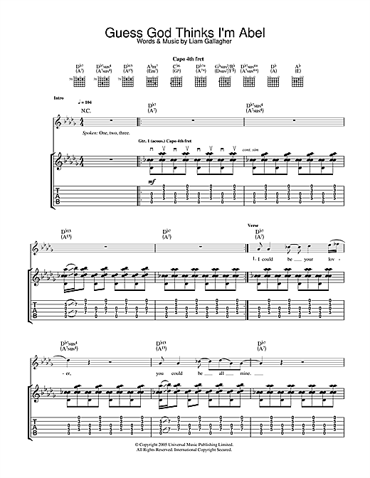 Preview Oasis Guess God Thinks I'm Abel Rock sheet music, notes and chords for Piano, Vocal & Guitar (Right-Hand Melody), SKU: 33238 sheet music, piano notes, chords, guitar tabs, score, transpose, transcribe, how to play, guide, download, learn, tutorial, progression, song, artist, awards, billboard, mtv, vh1, tour, single, album, release