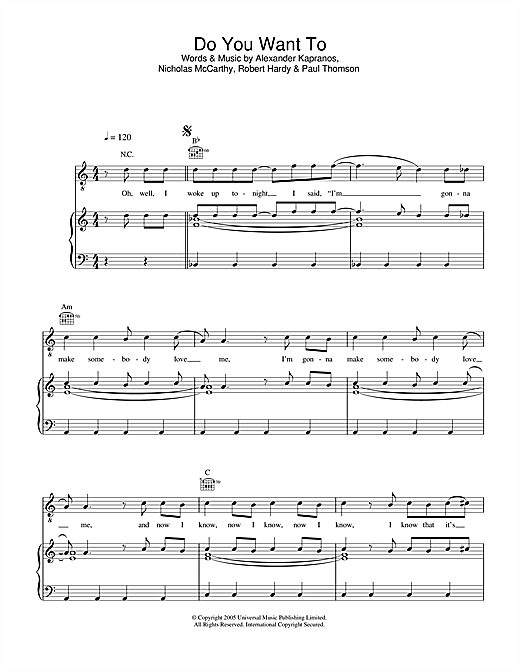 Preview Franz Ferdinand Do You Want To Rock sheet music, notes and chords for Piano, Vocal & Guitar (Right-Hand Melody), SKU: 33239 sheet music, piano notes, chords, guitar tabs, score, transpose, transcribe, how to play, guide, download, learn, tutorial, progression, song, artist, awards, billboard, mtv, vh1, tour, single, album, release