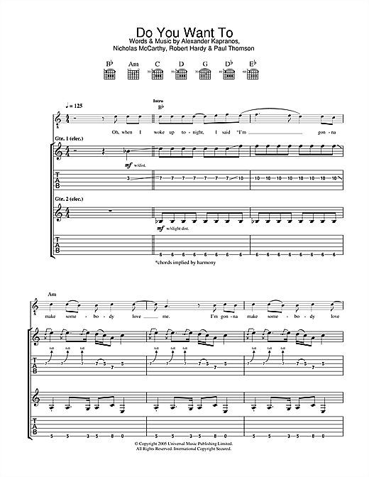 Preview Franz Ferdinand Do You Want To Rock sheet music, notes and chords for Guitar Tab, SKU: 33240 sheet music, piano notes, chords, guitar tabs, score, transpose, transcribe, how to play, guide, download, learn, tutorial, progression, song, artist, awards, billboard, mtv, vh1, tour, single, album, release