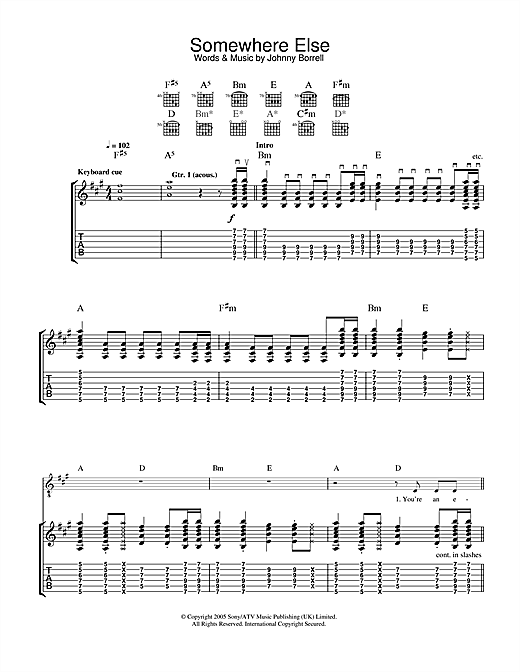 Preview Razorlight Somewhere Else Rock sheet music, notes and chords for Guitar Tab, SKU: 33242 sheet music, piano notes, chords, guitar tabs, score, transpose, transcribe, how to play, guide, download, learn, tutorial, progression, song, artist, awards, billboard, mtv, vh1, tour, single, album, release