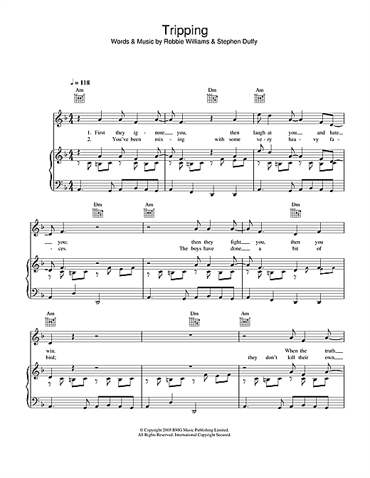 Preview Robbie Williams Tripping Pop sheet music, notes and chords for Piano, Vocal & Guitar (Right-Hand Melody), SKU: 33244 sheet music, piano notes, chords, guitar tabs, score, transpose, transcribe, how to play, guide, download, learn, tutorial, progression, song, artist, awards, billboard, mtv, vh1, tour, single, album, release