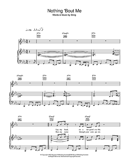 Preview Sting Nothing 'Bout Me Pop sheet music, notes and chords for Piano, Vocal & Guitar (Right-Hand Melody), SKU: 33245 sheet music, piano notes, chords, guitar tabs, score, transpose, transcribe, how to play, guide, download, learn, tutorial, progression, song, artist, awards, billboard, mtv, vh1, tour, single, album, release