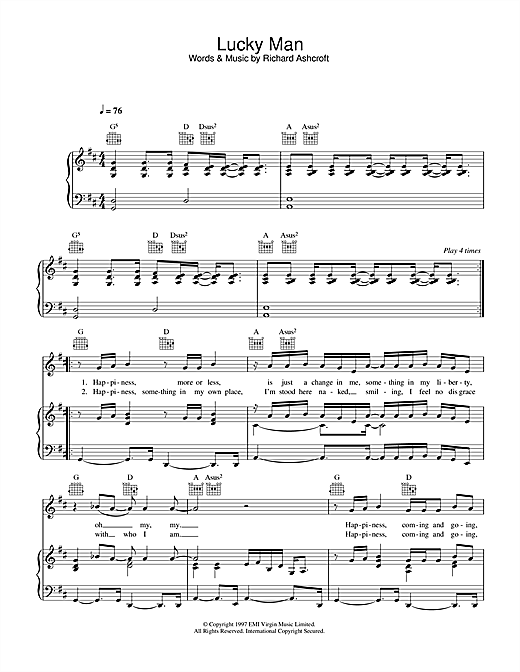 Preview The Verve Lucky Man Rock sheet music, notes and chords for Piano, Vocal & Guitar (Right-Hand Melody), SKU: 33246 sheet music, piano notes, chords, guitar tabs, score, transpose, transcribe, how to play, guide, download, learn, tutorial, progression, song, artist, awards, billboard, mtv, vh1, tour, single, album, release