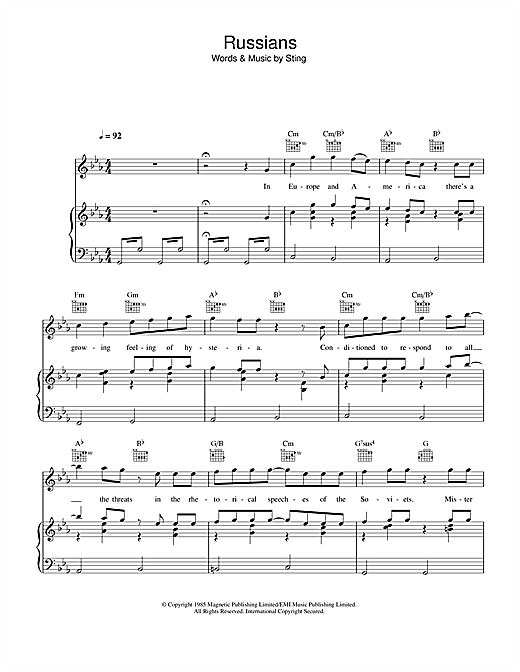 Preview Sting Russians Pop sheet music, notes and chords for Piano, Vocal & Guitar (Right-Hand Melody), SKU: 33247 sheet music, piano notes, chords, guitar tabs, score, transpose, transcribe, how to play, guide, download, learn, tutorial, progression, song, artist, awards, billboard, mtv, vh1, tour, single, album, release
