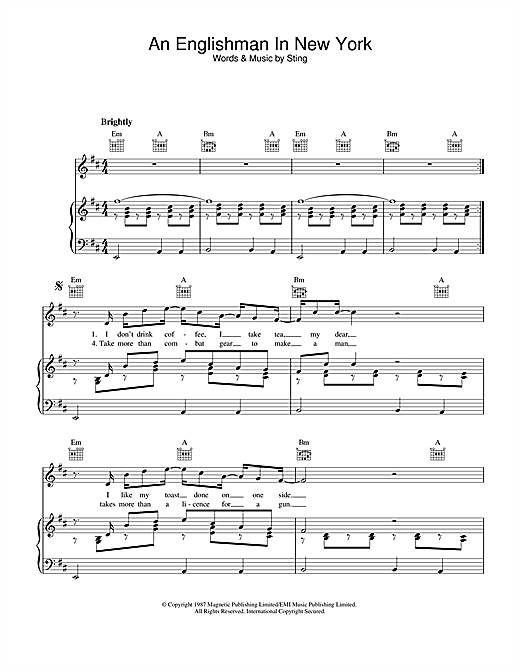 Preview Sting An Englishman In New York Pop sheet music, notes and chords for Piano, Vocal & Guitar (Right-Hand Melody), SKU: 33249 sheet music, piano notes, chords, guitar tabs, score, transpose, transcribe, how to play, guide, download, learn, tutorial, progression, song, artist, awards, billboard, mtv, vh1, tour, single, album, release