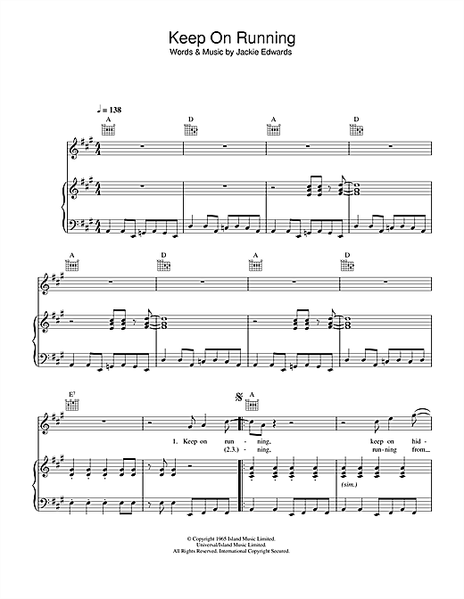 Preview The Spencer Davis Group Keep On Running Pop sheet music, notes and chords for Piano, Vocal & Guitar, SKU: 33250 sheet music, piano notes, chords, guitar tabs, score, transpose, transcribe, how to play, guide, download, learn, tutorial, progression, song, artist, awards, billboard, mtv, vh1, tour, single, album, release