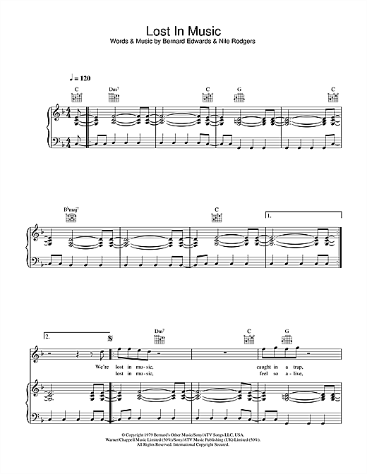 Preview Sister Sledge Lost In Music Disco sheet music, notes and chords for Piano, Vocal & Guitar, SKU: 33252 sheet music, piano notes, chords, guitar tabs, score, transpose, transcribe, how to play, guide, download, learn, tutorial, progression, song, artist, awards, billboard, mtv, vh1, tour, single, album, release