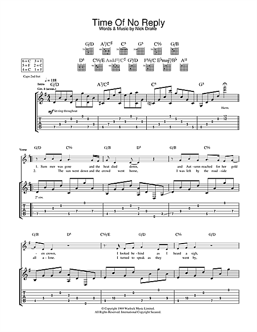 Preview Nick Drake Time Of No Reply Folk sheet music, notes and chords for Guitar Tab, SKU: 33254 sheet music, piano notes, chords, guitar tabs, score, transpose, transcribe, how to play, guide, download, learn, tutorial, progression, song, artist, awards, billboard, mtv, vh1, tour, single, album, release