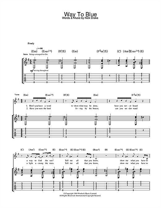 Preview Nick Drake Way To Blue Folk sheet music, notes and chords for Guitar Tab, SKU: 33255 sheet music, piano notes, chords, guitar tabs, score, transpose, transcribe, how to play, guide, download, learn, tutorial, progression, song, artist, awards, billboard, mtv, vh1, tour, single, album, release