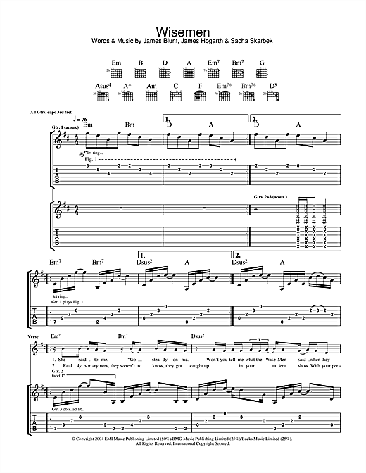 Preview James Blunt Wisemen Pop sheet music, notes and chords for Guitar Tab, SKU: 33256 sheet music, piano notes, chords, guitar tabs, score, transpose, transcribe, how to play, guide, download, learn, tutorial, progression, song, artist, awards, billboard, mtv, vh1, tour, single, album, release