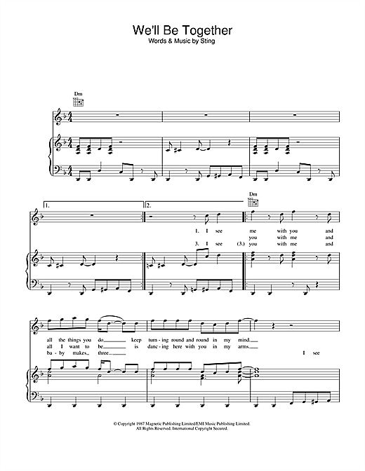 Preview Sting We'll Be Together Pop sheet music, notes and chords for Piano, Vocal & Guitar (Right-Hand Melody), SKU: 33257 sheet music, piano notes, chords, guitar tabs, score, transpose, transcribe, how to play, guide, download, learn, tutorial, progression, song, artist, awards, billboard, mtv, vh1, tour, single, album, release