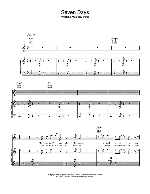 Preview Sting Seven Days Pop sheet music, notes and chords for Piano, Vocal & Guitar (Right-Hand Melody), SKU: 33258 sheet music, piano notes, chords, guitar tabs, score, transpose, transcribe, how to play, guide, download, learn, tutorial, progression, song, artist, awards, billboard, mtv, vh1, tour, single, album, release