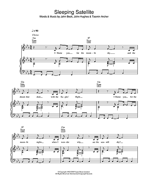 Preview Tasmin Archer Sleeping Satellite Pop sheet music, notes and chords for Piano, Vocal & Guitar (Right-Hand Melody), SKU: 33259 sheet music, piano notes, chords, guitar tabs, score, transpose, transcribe, how to play, guide, download, learn, tutorial, progression, song, artist, awards, billboard, mtv, vh1, tour, single, album, release