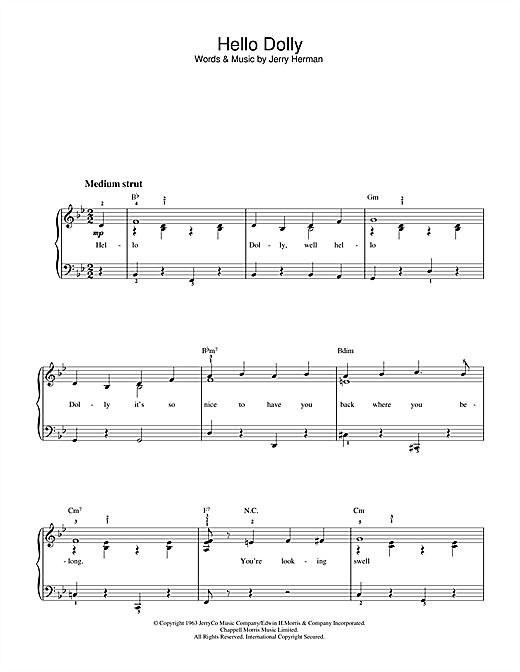 Preview Jerry Herman Hello Dolly Musicals sheet music, notes and chords for Easy Piano, SKU: 33262 sheet music, piano notes, chords, guitar tabs, score, transpose, transcribe, how to play, guide, download, learn, tutorial, progression, song, artist, awards, billboard, mtv, vh1, tour, single, album, release