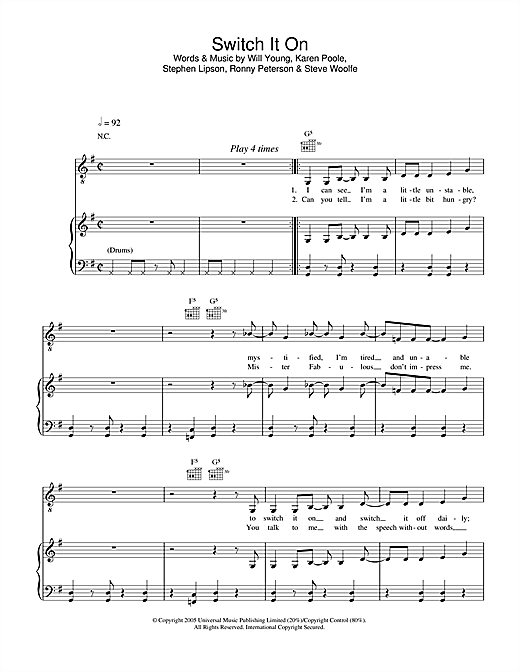 Preview Will Young Switch It On Pop sheet music, notes and chords for Piano, Vocal & Guitar (Right-Hand Melody), SKU: 33263 sheet music, piano notes, chords, guitar tabs, score, transpose, transcribe, how to play, guide, download, learn, tutorial, progression, song, artist, awards, billboard, mtv, vh1, tour, single, album, release